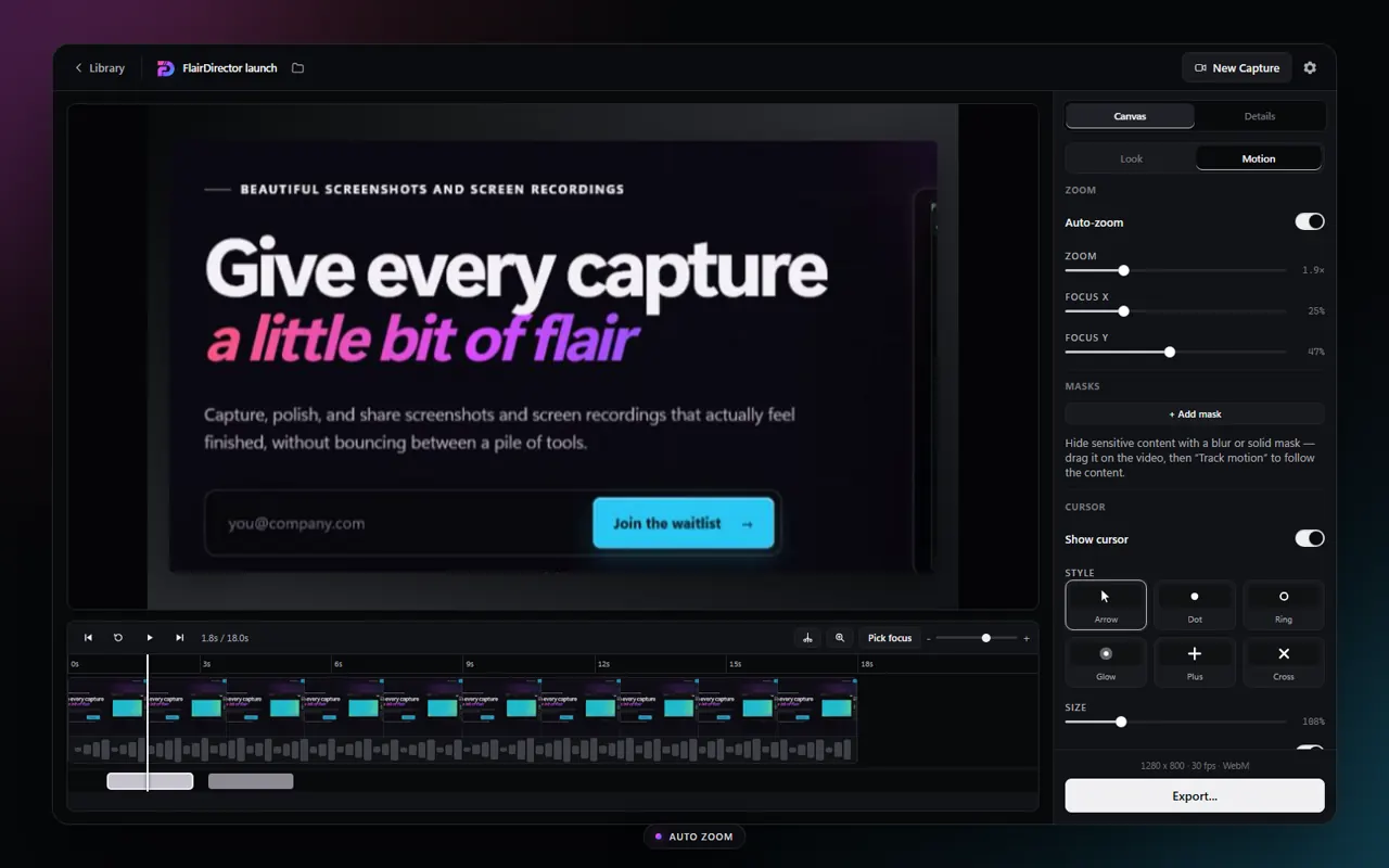 FlairDirector editor with Auto-zoom enabled and two camera moves on the timeline.