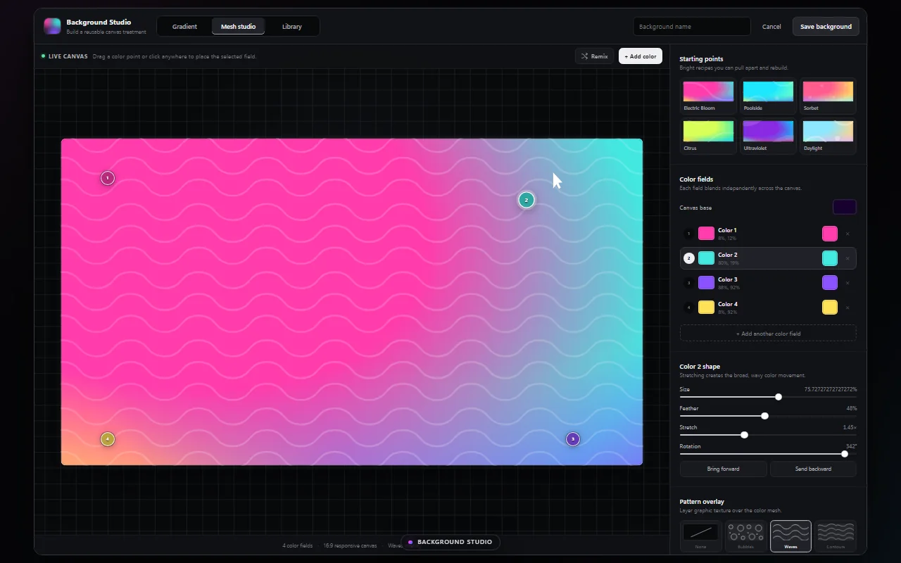 FlairDirector Background Studio with custom color fields and pattern controls.