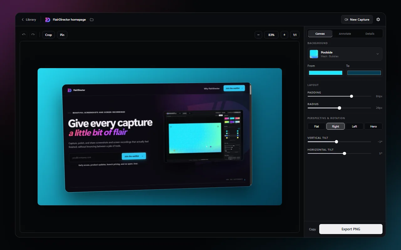 FlairDirector screenshot editor with a captured landing page framed on a colorful canvas.